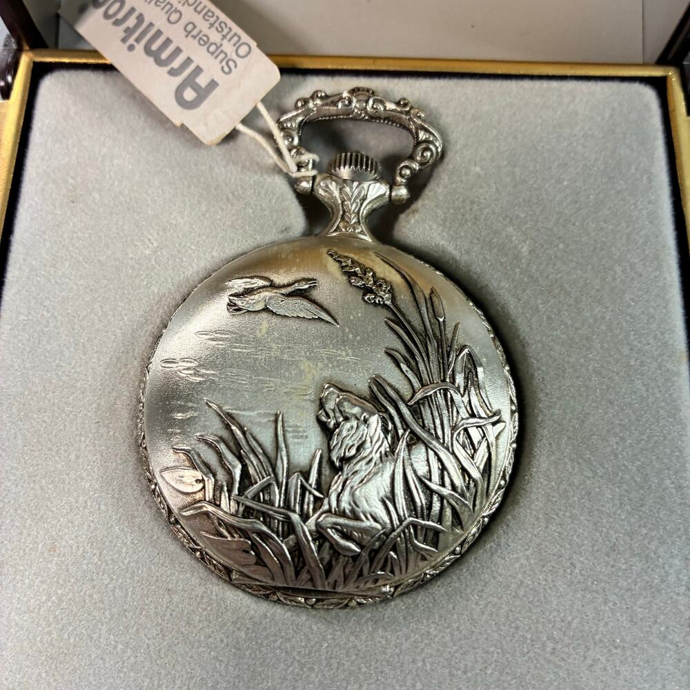 Armitron Quartz Pocket Watch Duck Hunting Scene Hunter Case Box Untested